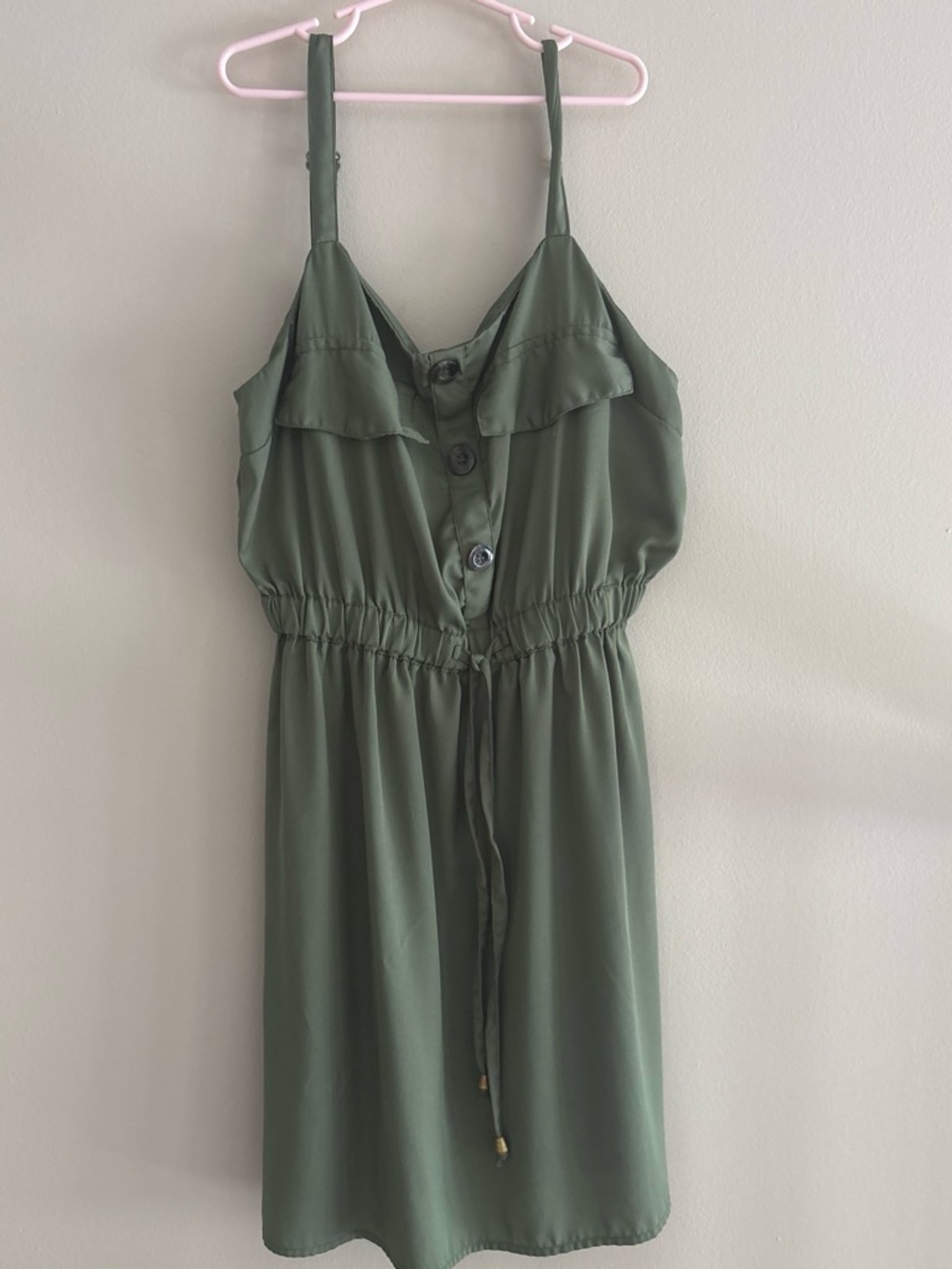 Olive Green Button-Front Spaghetti Strap Dress